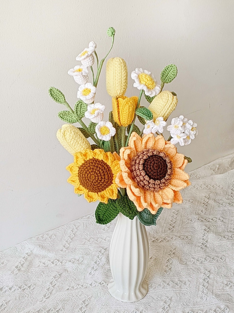 Crochet sunflower bouquet, knitted lily of the valley, tulips,handmade flowersno vase image 1