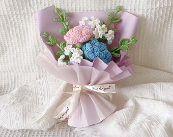 Crochet bouquet bleu rose, fleurs tricotées à la main, plis accordéon, cadeau de Noël, gfit pour elle, cadeau d'anniversaire