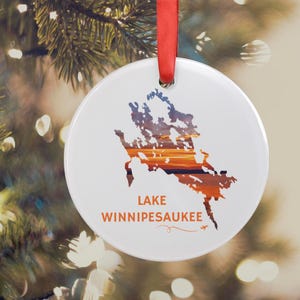 Ornament, Lake Winnipesaukee Outline, Sunset Acrylic Decor, Christmas Tree Decoration, Holiday Gift, Home Decor, Rustic Cabin Decor