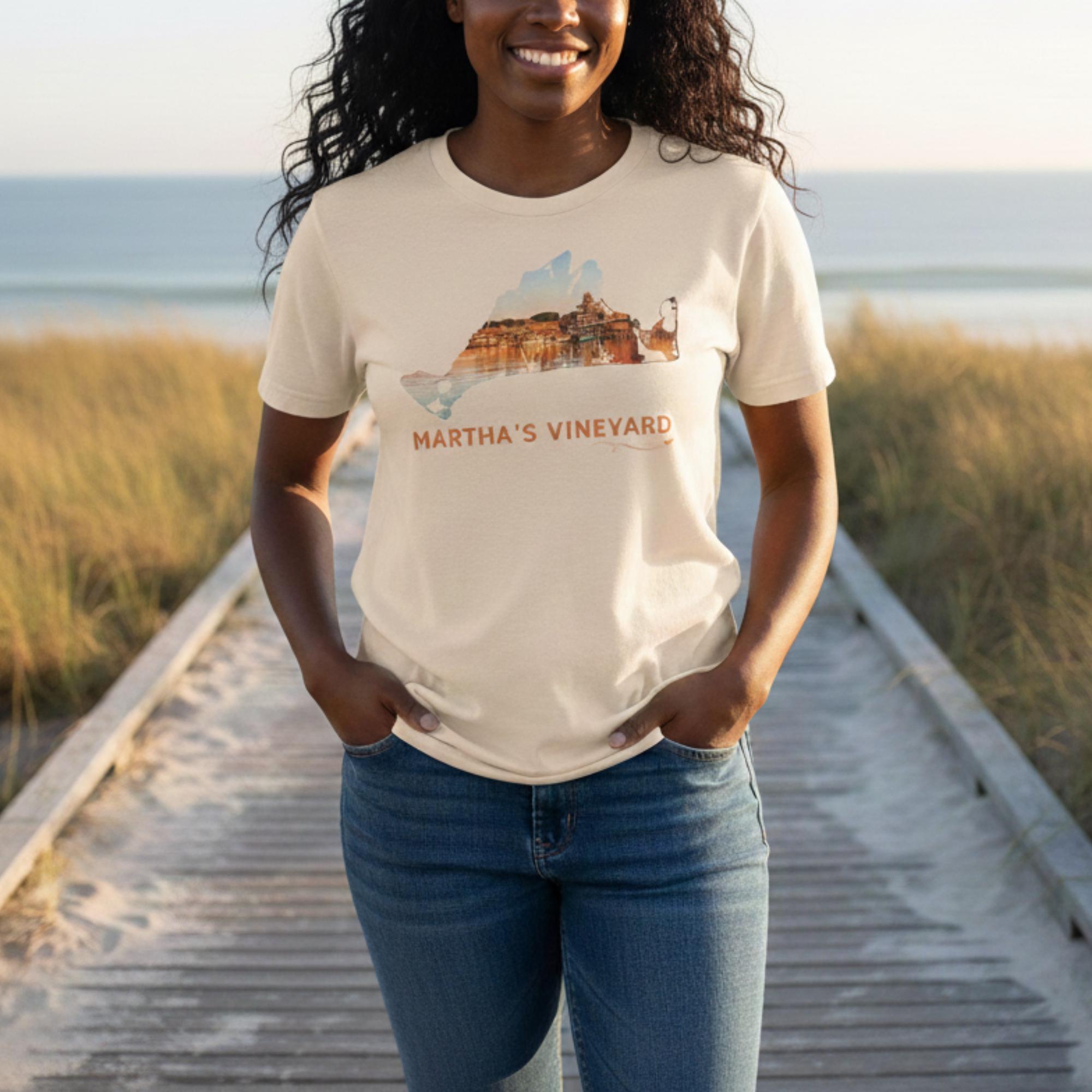 Sunset Harbor T-shirt, Martha's Vineyard Outline Tee, Oak Bluffs