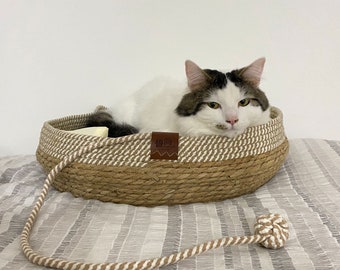 Süßes Katzenbett mit Kissen, gemütliches Katzenmöbel, Geschenk für Katzenliebhaber, Stroh, stilvolles Haustierspielzeugbett, bequemes Hundebett, Premium-Korb für Haustier