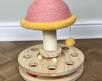 Cat Ball Batting Tower, Interactive Fluffy Toy Ball Cat Furniture, Gift For Cat Lover, Wooden Stylish Interactive Cat Toys, Feather Play Cat