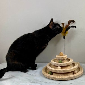 May include: A black cat playing with a wooden cat toy with a feather teaser. The toy has three tiers with rolling balls.
