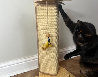 Tall Cat Scratching Post Corner Tower – Wood Cat Scratcher with Sisal Rope, Feather Toy & Batting Ball, Vertical Cat Furniture Protector Pet