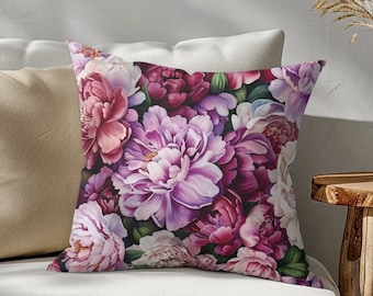 Peony Floral Throw Pillow Polyester Square Accent Throw Pillow Purple Peonies Cute Accent Pillow Burgundy Home Decor Soft Flower Pillow