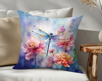 Regalo de almohada de libélula para amante de las libélulas, almohada de acento floral, almohada cuadrada de libélula, decoración de libélula, decoración floral del hogar, dormitorio de niñas