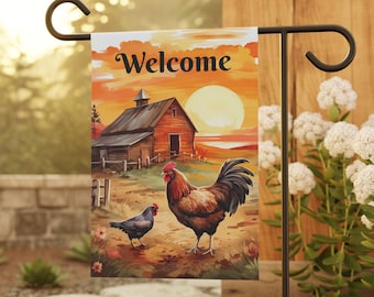 Bandera de jardín de bienvenida con diseño de pollo, decoración de pollo, regalo para ella, regalos de pollo, arte de acuarela con pollo, bandera de jardín, regalo para mamá gallina, decoración de granja