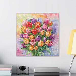 Tulip Print Floral Wall Art Tulip Gift Square Canvas Art Gift For Her Flower Canvas Print Watercolor Floral Canvas Flower Living Room Decor