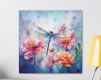 Arte de pared de libélula para niñas habitación libélula lienzo arte regalo para su impresión de libélula acuarela lienzo floral decoración ligera lienzo cuadrado