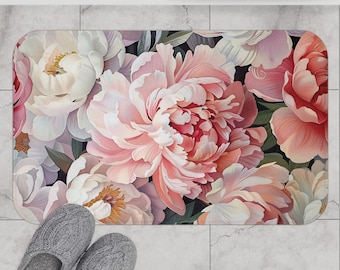 Cute Floral Bathroom Mat Pink Peony Bath Mat Unique Colorful Washable Flower Bathroom Rug Memory Foam Microfiber Bath Mat with Peonies