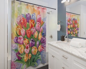 Cortina de ducha con diseño de tulipanes y flores, cortina de ducha con diseño botánico, decoración de baño con flores, poliéster, 71 x 74 pulgadas, regalo de inauguración de la casa