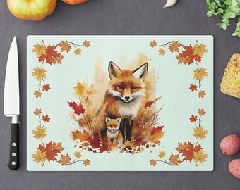 Tabla de cortar de vidrio con forma de zorro, regalo de decoración de zorro rojo para ella, regalo de inauguración de la casa, tabla de cortar de vidrio templado con forma de zorro, regalo de hojas de otoño, tabla de cortar