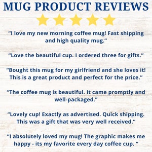 May include: Image of a product review graphic with the text "MUG PRODUCT REVIEWS" at the top. Four gold stars are displayed. Several customer reviews are shown, praising the quality and appearance of the mugs.