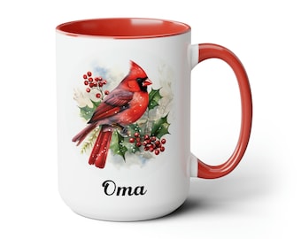 Taza de cerámica personalizada con diseño de cardenal de 15 oz para abuela, amante de las aves, regalo de decoración natural con cardenal rojo para ella.