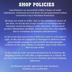 May include: A blue gradient background with white text detailing shop policies. The text includes information on cancellations, returns, exchanges, and defective items. The shop's appreciation and well wishes are also included.