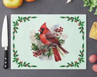Tabla de cortar de vidrio Cardinal Tabla de cortar de vidrio templado con decoración Cardinal roja Regalo para ella Regalo de inauguración de la casa Tabla de cortar con decoración Cardinal