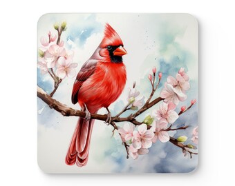 Juego de posavasos de corcho con diseño de cardenal, diseño de flores primaverales con diseño de cardenal, antideslizante, decoración natural, regalo de inauguración de la casa, posavasos para amantes de los cardenales