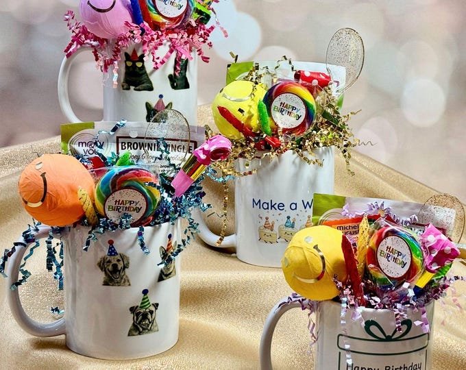 Featured listing image: Birthday Gift Mug, Gift in a Mug, Birthday Gift Set, Ready to Gift Surprise, Cake Mug Gift, Candy Mug Box, Unique Gift Idea