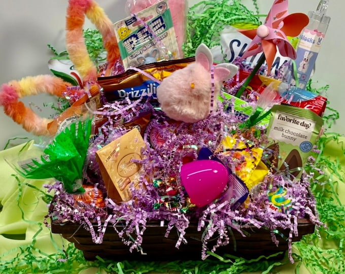 Featured listing image: Kids Easter Basket | Easter Candy and Snack Gift Basket | Bunny and Chick Spring Basket | Easter Treats and Toys | Ready to Gift