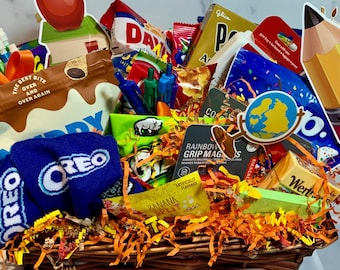 Back to School Gift Basket, Student Care Package, Study Break Snacks & School Supplies