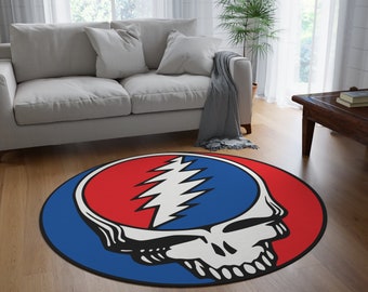 Grateful Dead Stealie Logo Alfombra Redonda de 60" - Decoración de Piso de Chenilla Negra, Mercancía icónica de la Banda para fanáticos