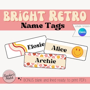 Retro name tags, classroom decor elementary, classroom labels, name tag template, desk name plates, classroom name tags, back to school