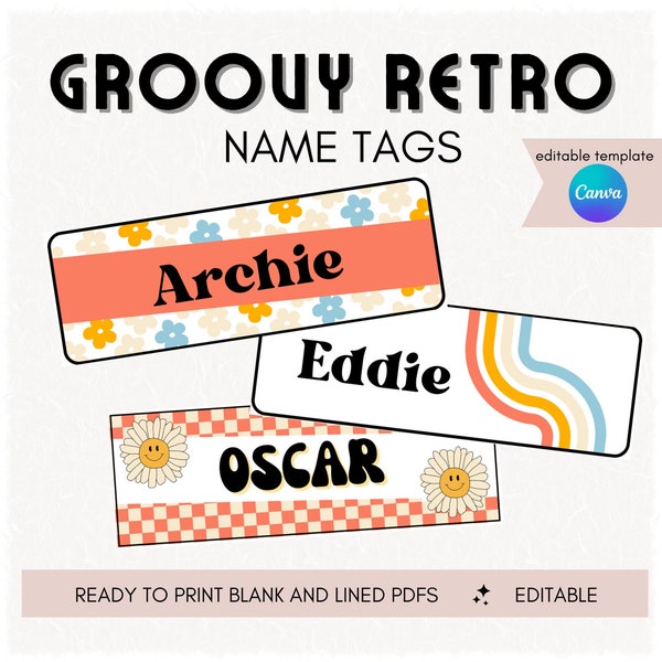 Retro name tags, classroom decor elementary, classroom labels, name tag template, desk name plates, classroom name tags, back to school