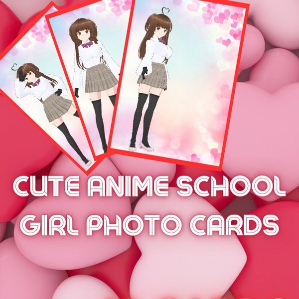 Cute Anime schoolgirl Cards, Digital Printable File, Collectible Card, Anime Girl in School Uniform, for Commercial Use.