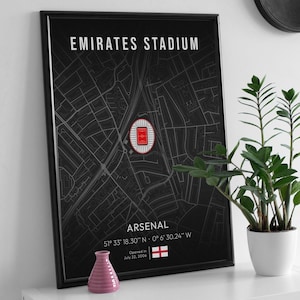 Poster Emirates Stadium-kaart, Arsenal Stadium-kaart afdrukken, poster voetbalkaart, poster voetbalkaart, sportposter, cadeau voetbalfan