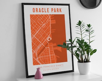 May include: A framed print of a map of Oracle Park, home of the San Francisco Giants, in orange and white. The text "Oracle Park" and "San Francisco Giants" is printed on the map. The map is framed in black.