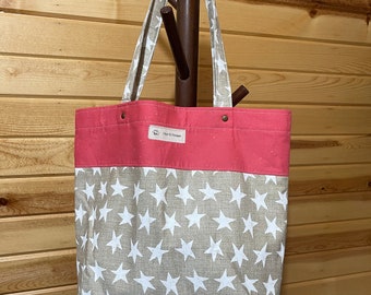 Shopper Tote - Pink and Beige with White Stars