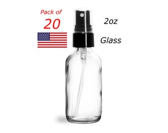 20-Pack || 2oz Clear Boston Round Glass Misting Spray Bottle with Black 20/400 Closure  || Made in USA