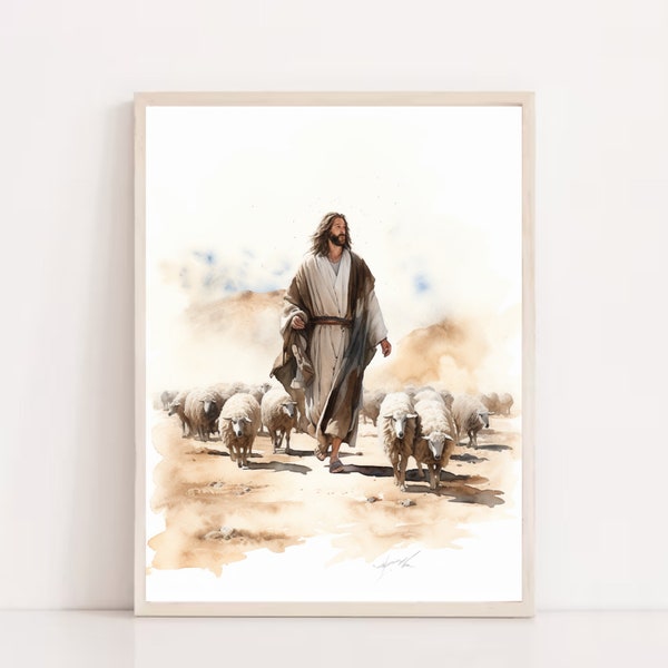 Jesus Leading Sheep, Jesus Portrait,Jesus Artwork, Jesus Wall Art, Jesus Picture, Jesus Print, Christian Home Decor, Printable