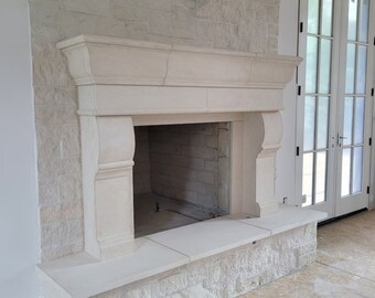 Cast Stone Mantels, Cast Limestone Fireplace Surround, Limestone Farmhouse Fireplace, French Chateau Mantels, Distressed Finish Mantels