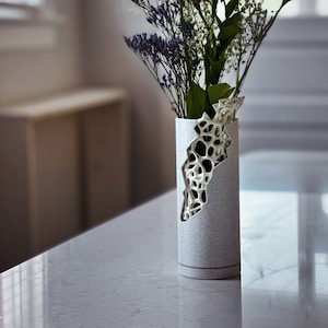 White Marble 3D-printed vase,  Dried flowers and Live Flowers, 9in Watertight Voronoi Design, Home Décor