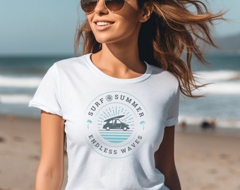 Surf Summer, Waves, surfing, fun, VW, board, ocean, wave, sun, beach, car, endless, girl, sister, mother, teen, shirt, t-shirt, gift,