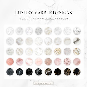 以下が含まれることがあります： 白、黒、金、ピンクのさまざまな大理石のデザインを特徴とする、40個のInstagramハイライトカバーのセット。カバーは円形で、モダンでミニマルな美しさがあります。
