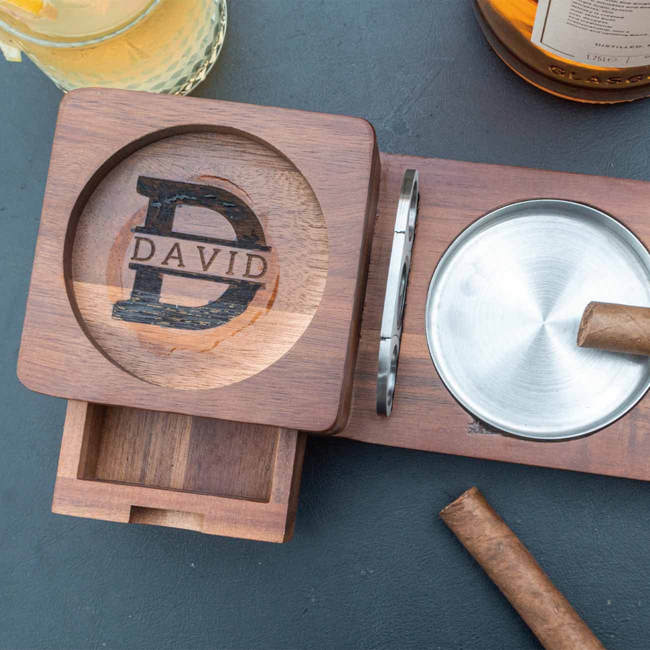 Personalized Cigar Ashtray With Coaster, Custom Walnut Wood Cigarette Ashtray, Whiskey Lover ...