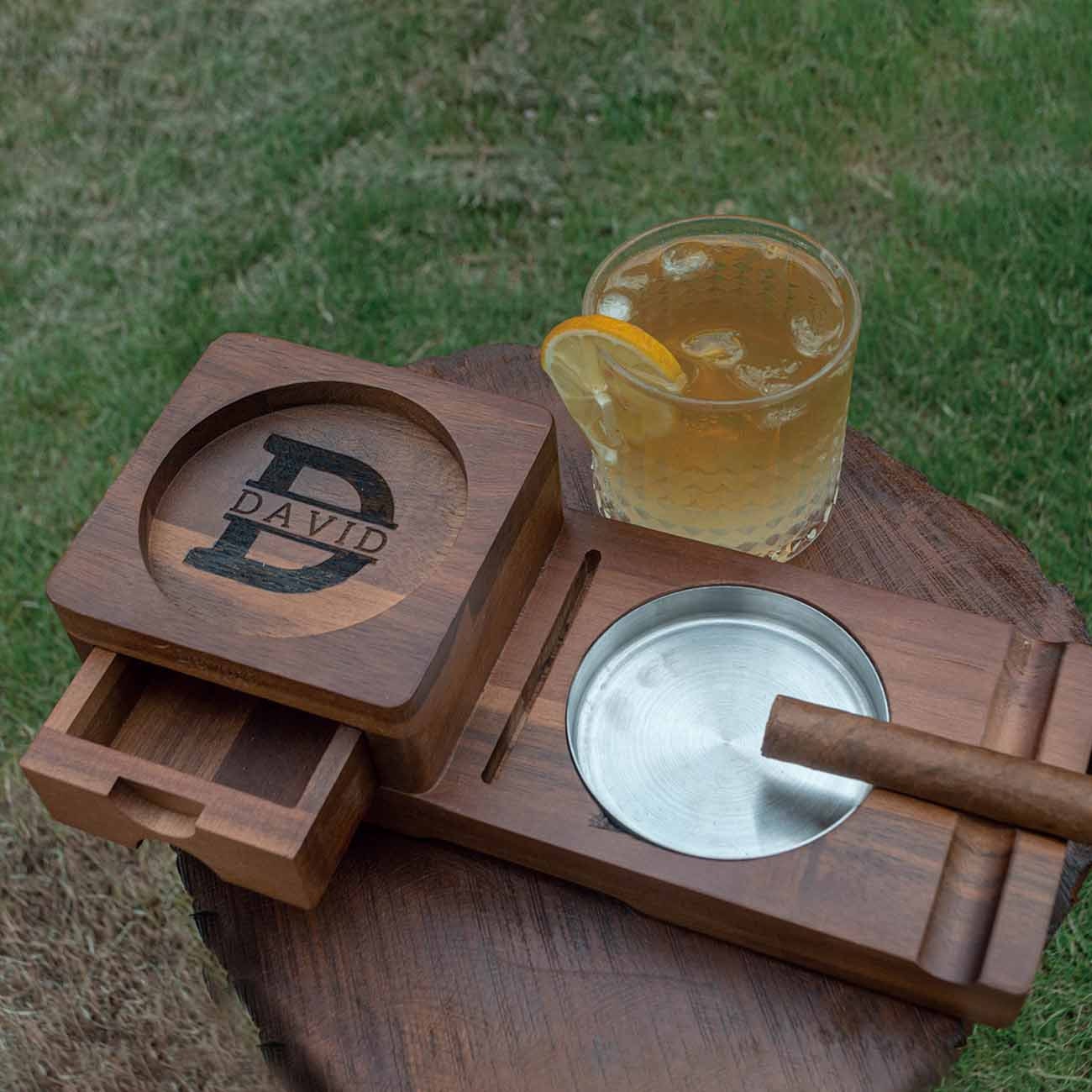 Personalized Cigar Ashtray With Coaster, Custom Walnut Wood Cigarette Ashtray, Whiskey Lover ...