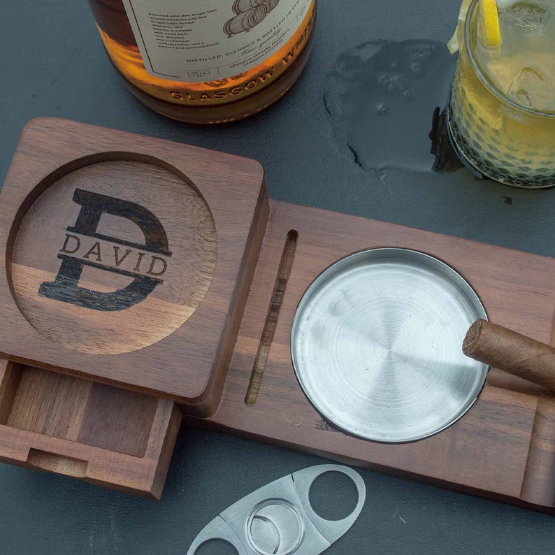 Personalized Cigar Ashtray With Coaster, Custom Walnut Wood Cigarette