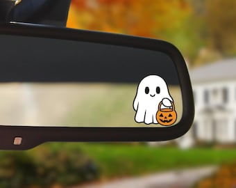 Cute Ghost Decal Sticker Trick or Treat Tiny Pumpkin Basket Halloween Decor Car Accessory Decal Rear View Mirror Cute Haunted Vinyl Sticker