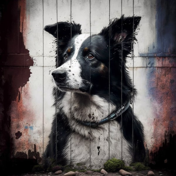 Urban Edge Meets Playful Pup: A Border Collie Graffiti Portrait
