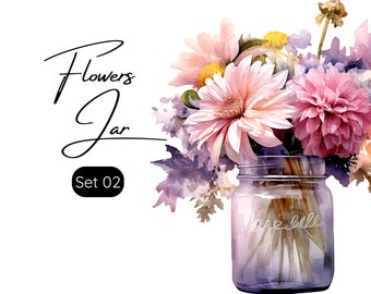Set of 5 Png, Flowers in Jar Clipart, Flowers Png, Flower bouquet Png, Mixed Media, Digital Paper Craft, Wall Decor