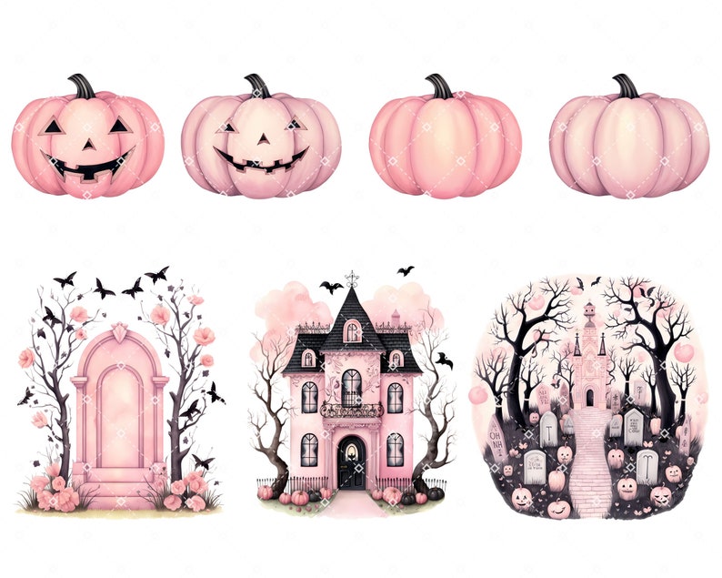 Pink Halloween Watercolor Clipart Collection, Cute Pastel Halloween PNG ...