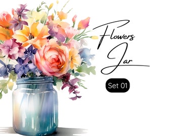 Set of 5 Png, Flowers in Jar Clipart, Flowers Png, Flower bouquet Png, Mixed Media, Digital Paper Craft, Wall Decor