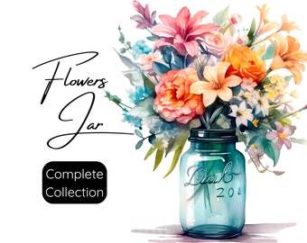 Set of 15 Png, Flowers in Jar Clipart, Flowers Png, Flower bouquet Png, Mixed Media, Digital Paper Craft, Wall Decor