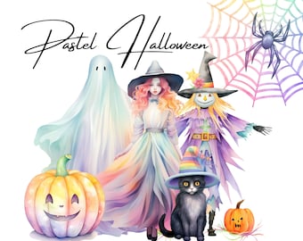 Pastel Halloween Watercolor Clipart Collection, Pastelween PNG, Clipart for Commercial Use