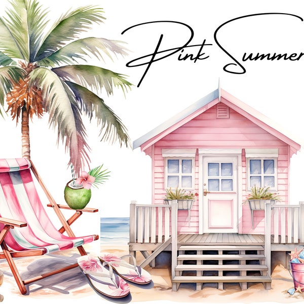 Pink Summer Watercolor Clipart, Vacation Beach Clipart, Ocean Travel PNG, Pink Edition, Free Commercial Use