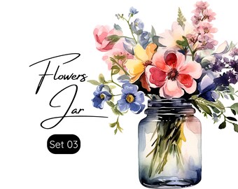 Set of 5 Png, Flowers in Jar Clipart, Flowers Png, Flower bouquet Png, Mixed Media, Digital Paper Craft, Wall Decor