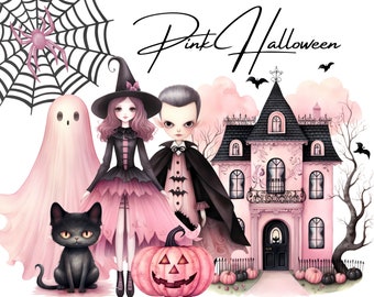 Pink Halloween Watercolor Clipart Collection, Cute Pastel Halloween PNG, Clipart for Commercial Use